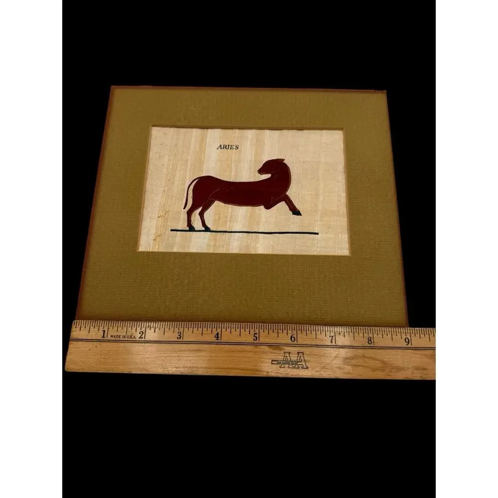 Vintage Egyptian Papyrus Painting Aries Ram Zodiac Hand Painted Art Matted 9x7.5